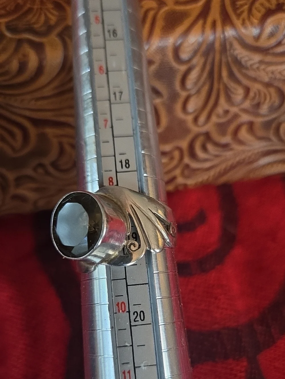 Modernist, Midcentury Sterling, Smoky Quartz, sculptural Cocktail Ring & Pouch